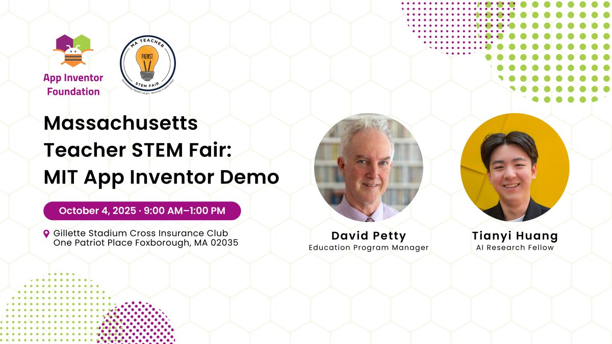 MITAppInventor's tweet image. 📣 Calling all educators in Massachusetts! Join David Petty and Tianyi (Tony) Huang from the App Inventor Foundation at the Massachusetts Teacher STEM Fair this Saturday!
🔗 Learn more & register for FREE: sites.google.com/view/ma-teache…