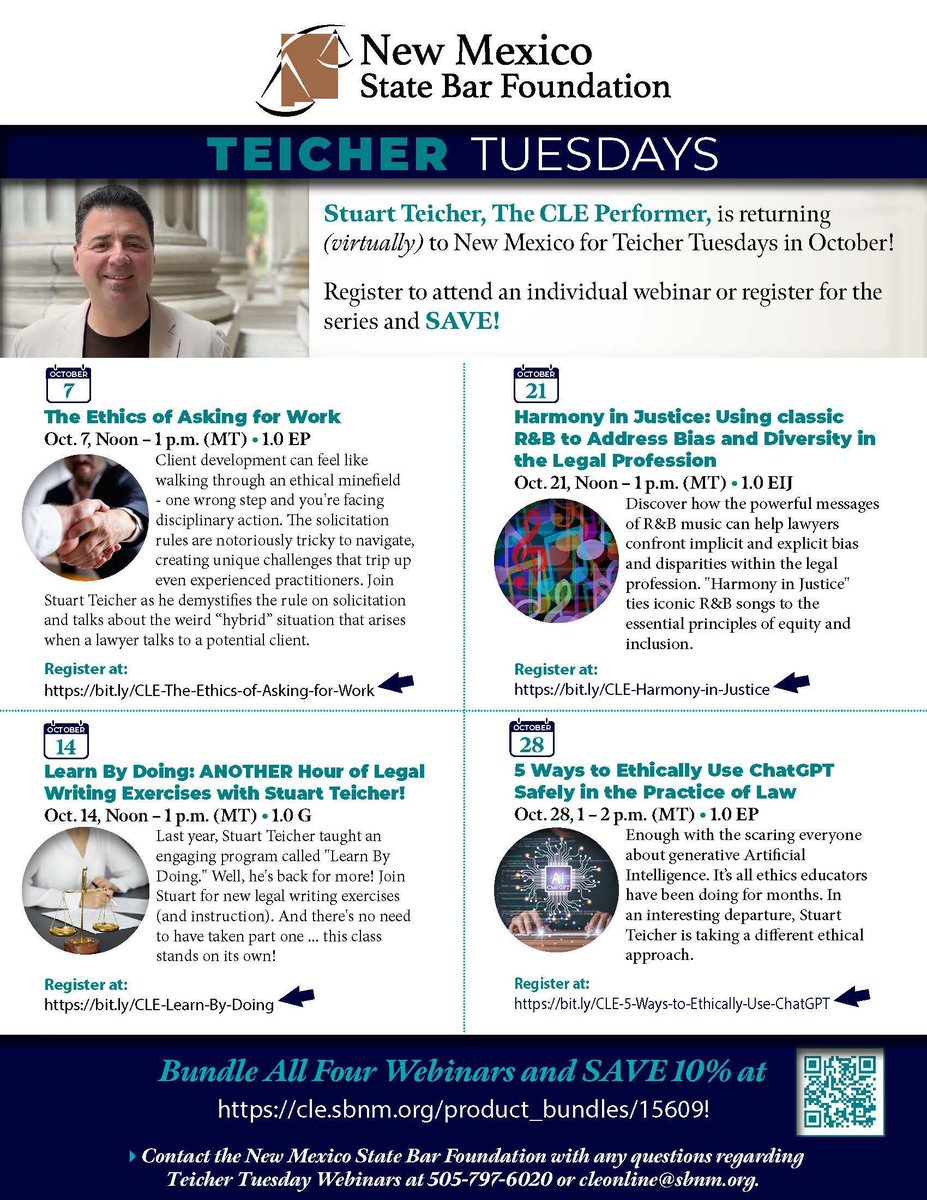 🎓 Teicher Tuesdays are back this October!
Join Stuart Teicher, “The CLE Performer,” for four dynamic webinars covering ethics, diversity, legal writing and even how to use ChatGPT safely in law practice.

🔗 Register now: cle.sbnm.org/product_bundle…