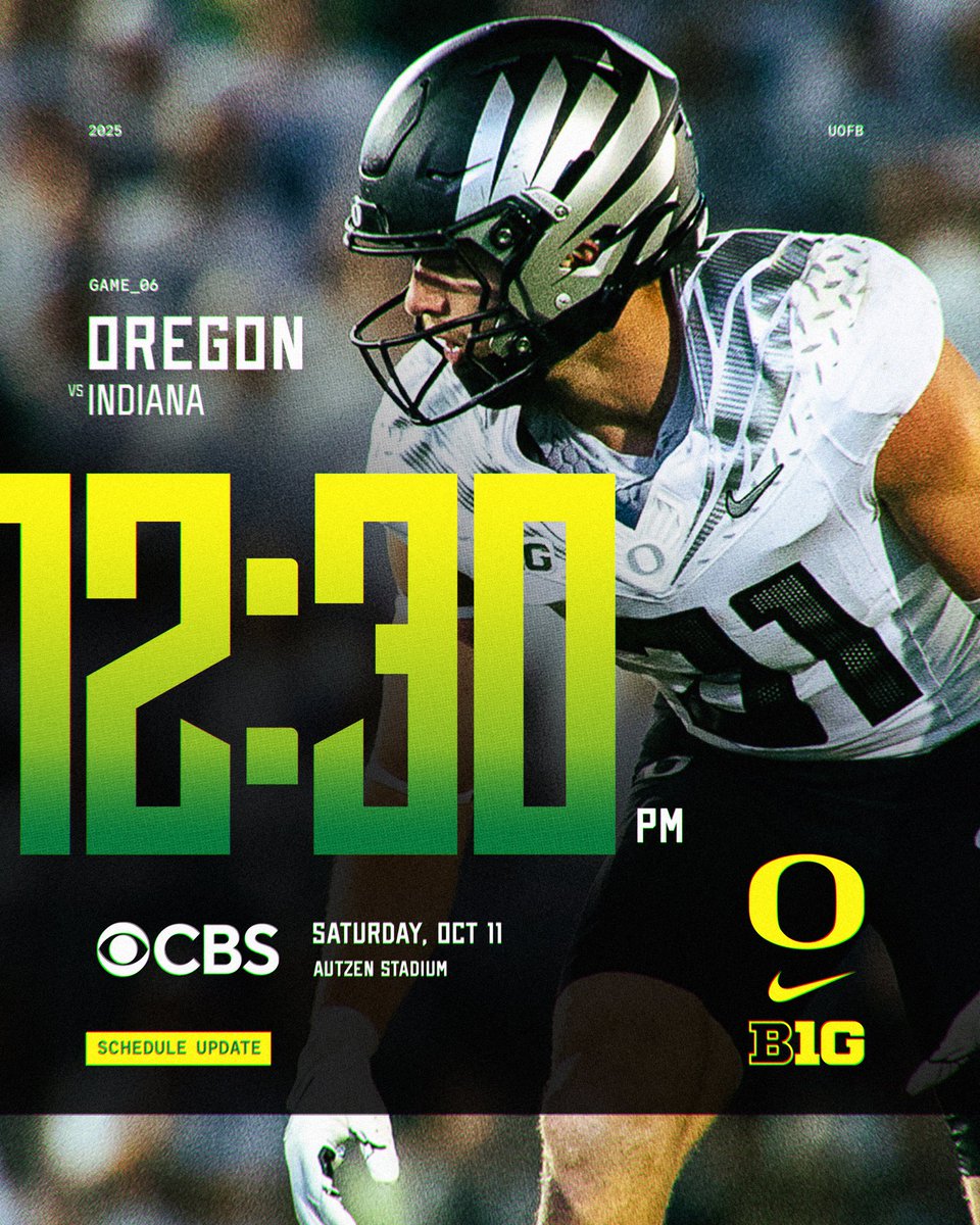 oregonfootball's tweet photo. Back home on Oct. 11!

Oregon vs. Indiana will kick off at 12:30 PM on CBS. 

#GoDucks https://t.co/K2aJqx5Ybj