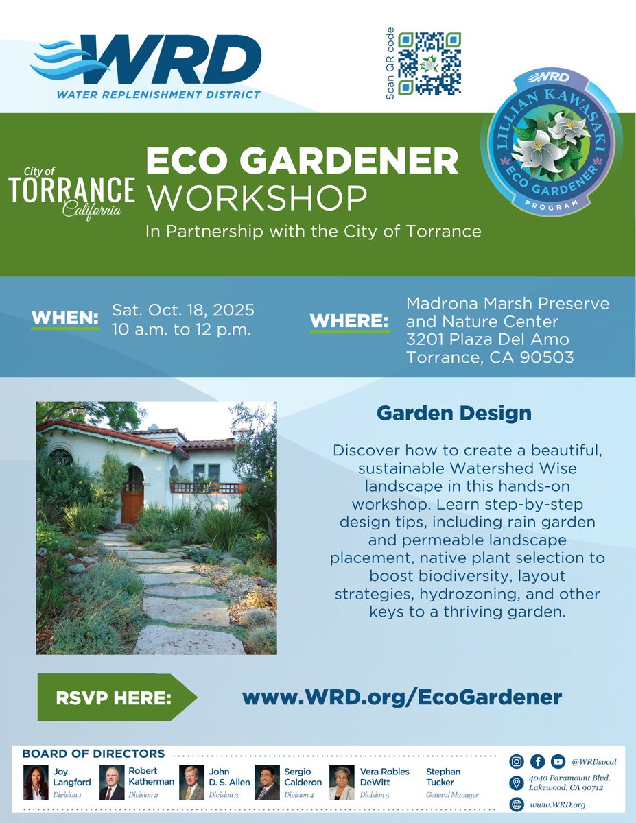 Join us and the Water Replenishment District for a free Eco Gardener Workshop on Saturday, October 18, from 10 a.m. – 12 p.m. at the Madrona Marsh Preserve located at 3201 Plaza Del Amo.

Visit WRD.org/EcoGardener to RSVP and learn more about this workshop. #TorranceCA