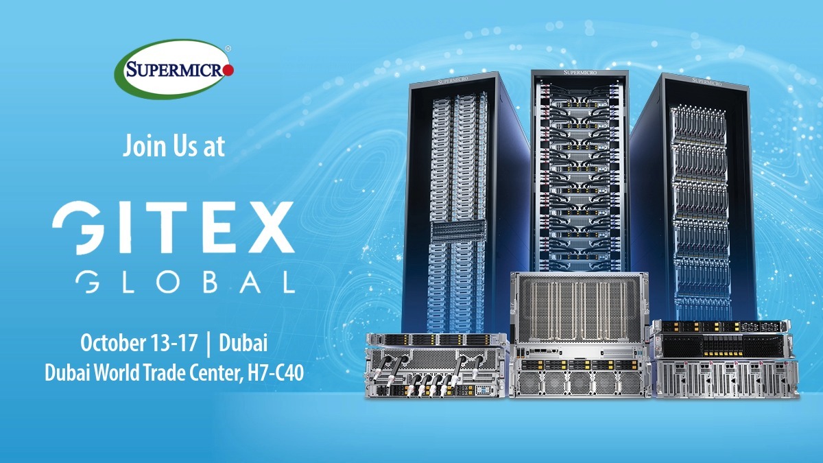 Supermicro's tweet image. Just 14 days until @GITEX_GLOBAL 2025! 

Join Supermicro at Booth #C40 Exhibition Hall 7 to explore cutting-edge AI factory and data center solutions!

📅Oct 13-17, 2025
📍Dubai, United Arab Emirates

Join us: hubs.la/Q03LmRmS0

#GITEX #Gitex2025 #Supermicro #DataCenter #AI