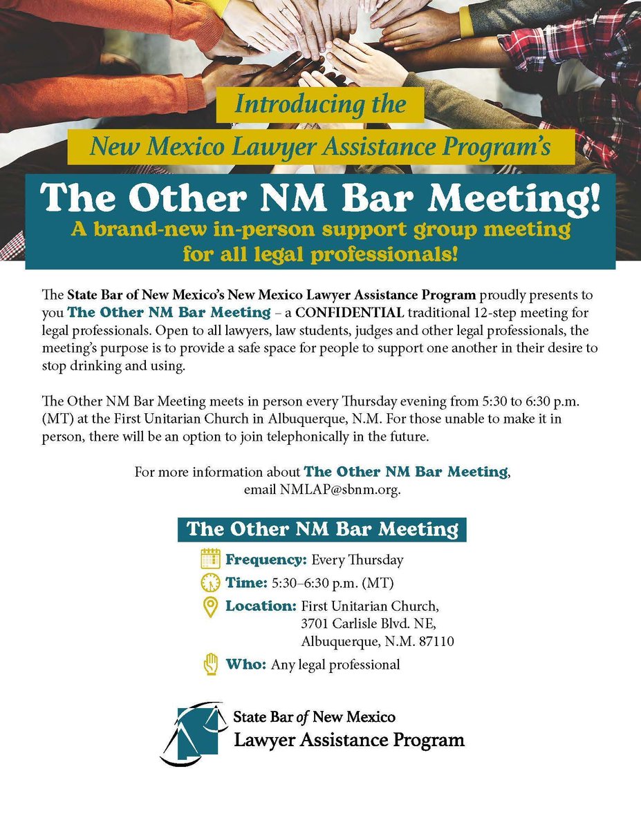 🤝 The Other NM Bar Meeting
The State Bar of New Mexico’s Lawyer Assistance Program is launching a new, confidential in-person support group for all legal professionals.

For more info, email NMLAP@sbnm.org.

👉 Learn more: sbnm.org/NMLAP