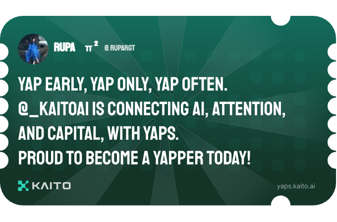 rupargt's tweet photo. Yap early, yap only, yap often.

@KaitoAI is connecting AI, attention and capital with Yaps.

Just claimed my social card and I'm accumulating Yap points in real-time.

Claim yours 👉 https://t.co/n5t9hKNCY4 https://t.co/sZONBKqlv1