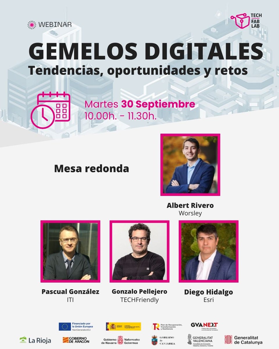 TechFabLabCV's tweet image. Mañana 30/9 a las 10h. no te pierdas el Webinar sobre el presente y futuro de los Gemelos Digitales organizado por TechFabLab
Conoceremos las concusiones del informe elaborado por WORSLEY, y las experiencias de empresas que están aplicando esta tecnología
techfablabcv.es/eventos/webina…