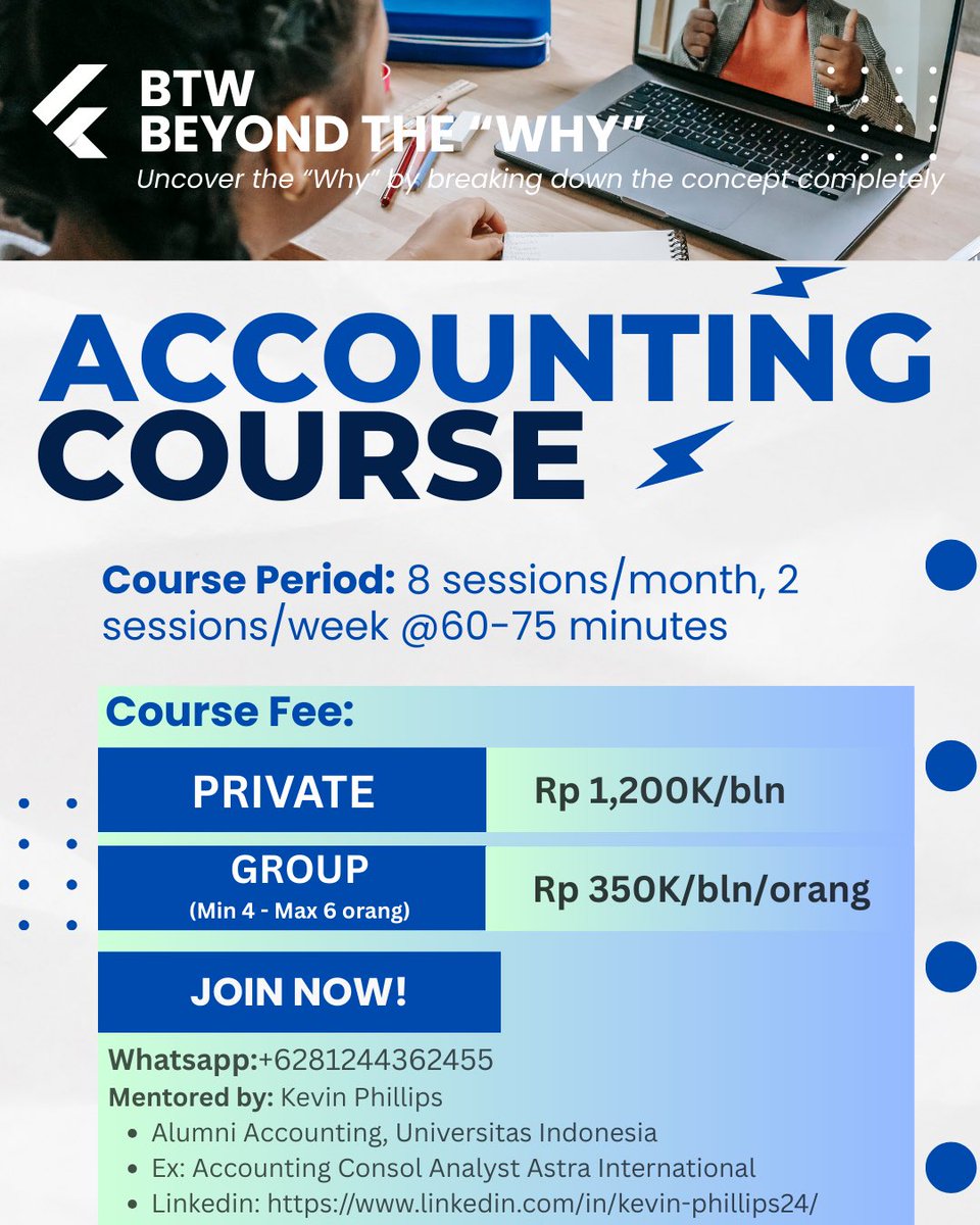 urmateriality's tweet image. Haloo teman2 pejuang SNBT

Ak mau nawarin Les Akuntansi/Ekonomi atau semisal ada yg mau request materi SNBT jg boleh bgtt wa di bio aku yaa atau semisal mau nanya2 juga boleh😃

Note: Ak alumni accounting UI dan punya beberapa pengalaman di accounting (PwC &amp;amp; Astra International)