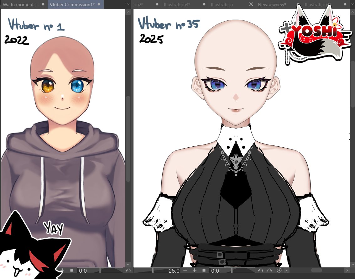 2022 vs 2025
My very first Vtuber model vs most recent one 💙
I drew more than 30 models in the past 3 years, the hard work paid off 👊✨