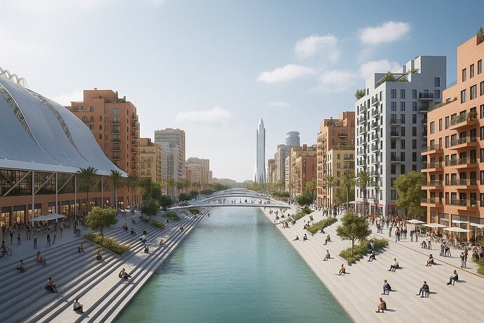 Ni un parque como piden algunos ni hoteles y comercios como quiere el Ayuntamiento. Esto es lo q se haría en el Canal de la Cartuja si Sevilla fuera una ciudad del s. XXI y no una ciudad atrasada y despreciada: 

Conservar el canal y edificios altos con viviendas y oficinas