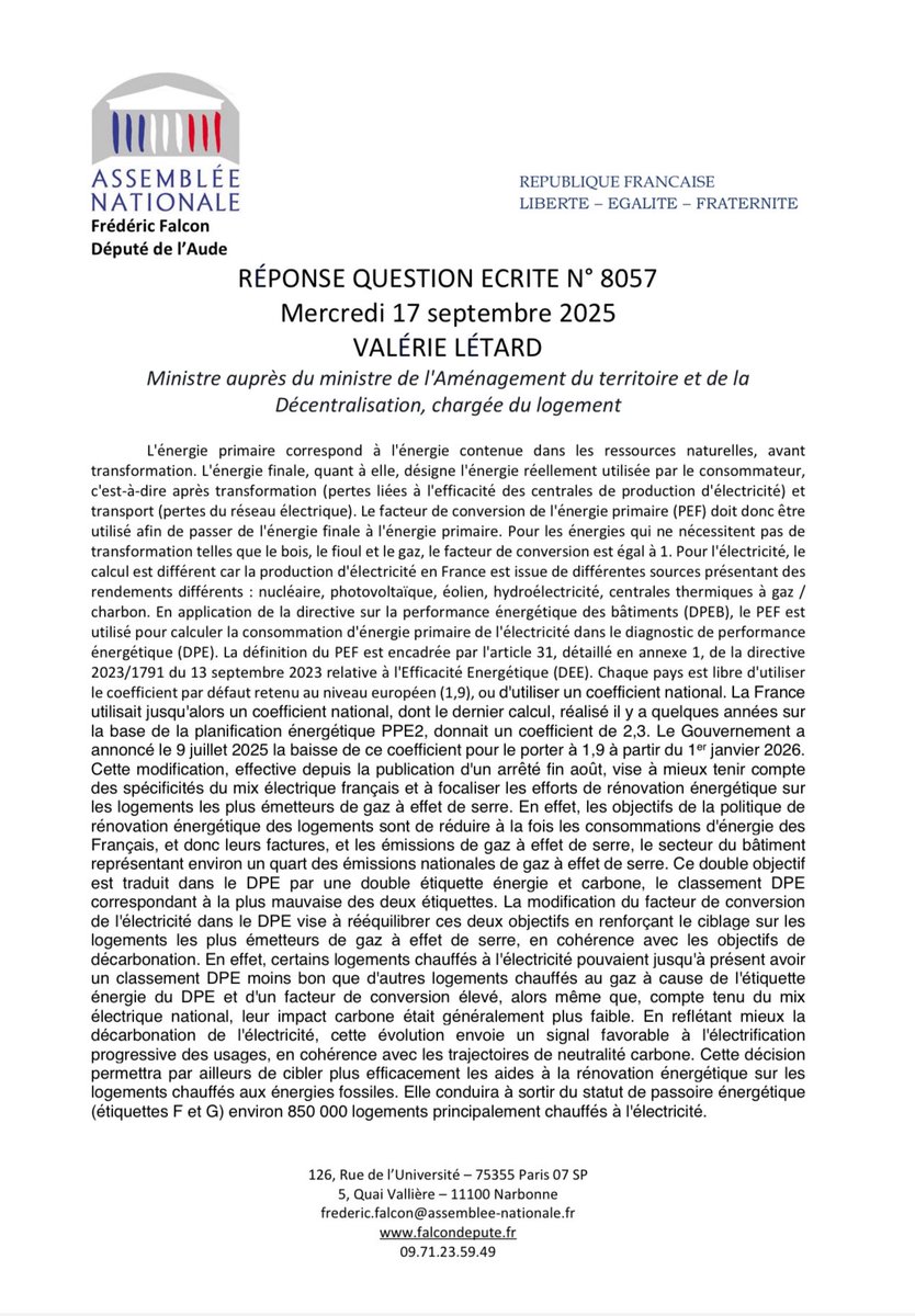 FalconFrederic's tweet image. 🔵 Suite à ma question écrite sur le coefficient multiplicateur de l’électricité dans le #DPE (actuellement fixé à 1,9), la ministre du Logement a renoncé à l’aligner sur le gaz ou le fioul (coeff 1). 

➡️ Ainsi, un #logement chauffé à l’électricité, énergie décarbonée, sera…