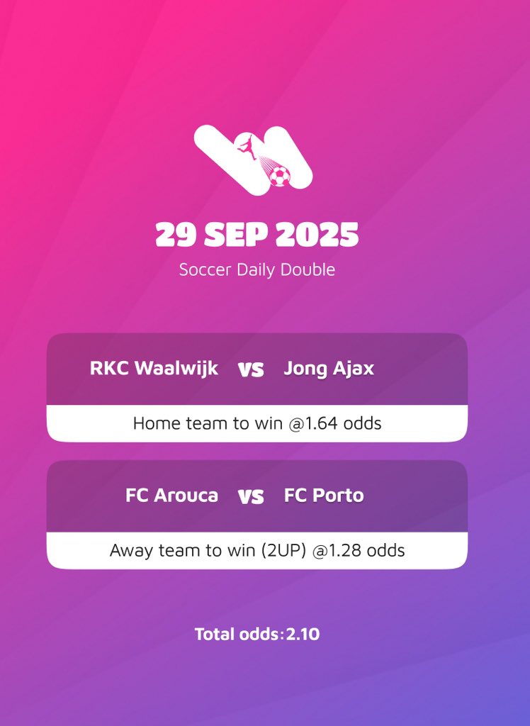 worldofigaming's tweet photo. Monday! 

After wrapping up the weekend with a solid win yesterday, we’re aiming for our second in a row today.

Our carefully selected 2odds are ready — check out the picks below and lock in early, first game kicks off soon! 

Remember to stake responsibly.

#rkc #rkcwaalwijk #rkcjaj
#FCAFCP #FCPorto