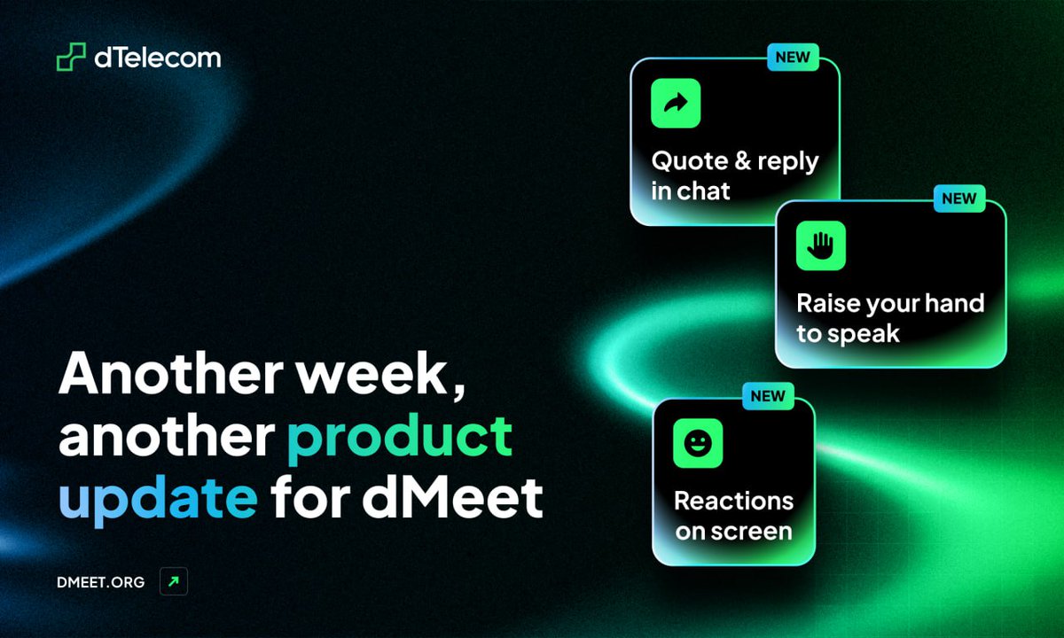 Another week, another product update for dMeet:

• Quote &amp; reply in chat
• Reactions on screen
• Raise your hand to speak

Everything you'd expect from a pro tool today:

• censorship resistant
• web3 native
• free to use

dMeet = better calls, no compromises, for teams