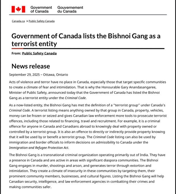 The government of Canada has listed India based Bishnoi gang as a Terrorist Organization for killing Canadian citizens #DiorSS26 #Dior #INDvPAK #helevier