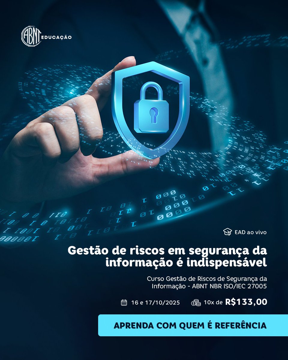 ABNTOFICIAL's tweet image. 📅 16 e 17/10/2025 | Quinta e Sexta-feira | 8h30 às 17h30
⏳ Carga horária: 16 horas
💰 Investimento: 10x de R$ 133,00
👨‍🏫 Instrutor: Nilton Stringasci Moreira

Acesse wa.me/551130173681

#ABNT #NormasABNT #ISO27005 #SegurançaDaInformação #GestãoDeRiscos #Cibersegurança