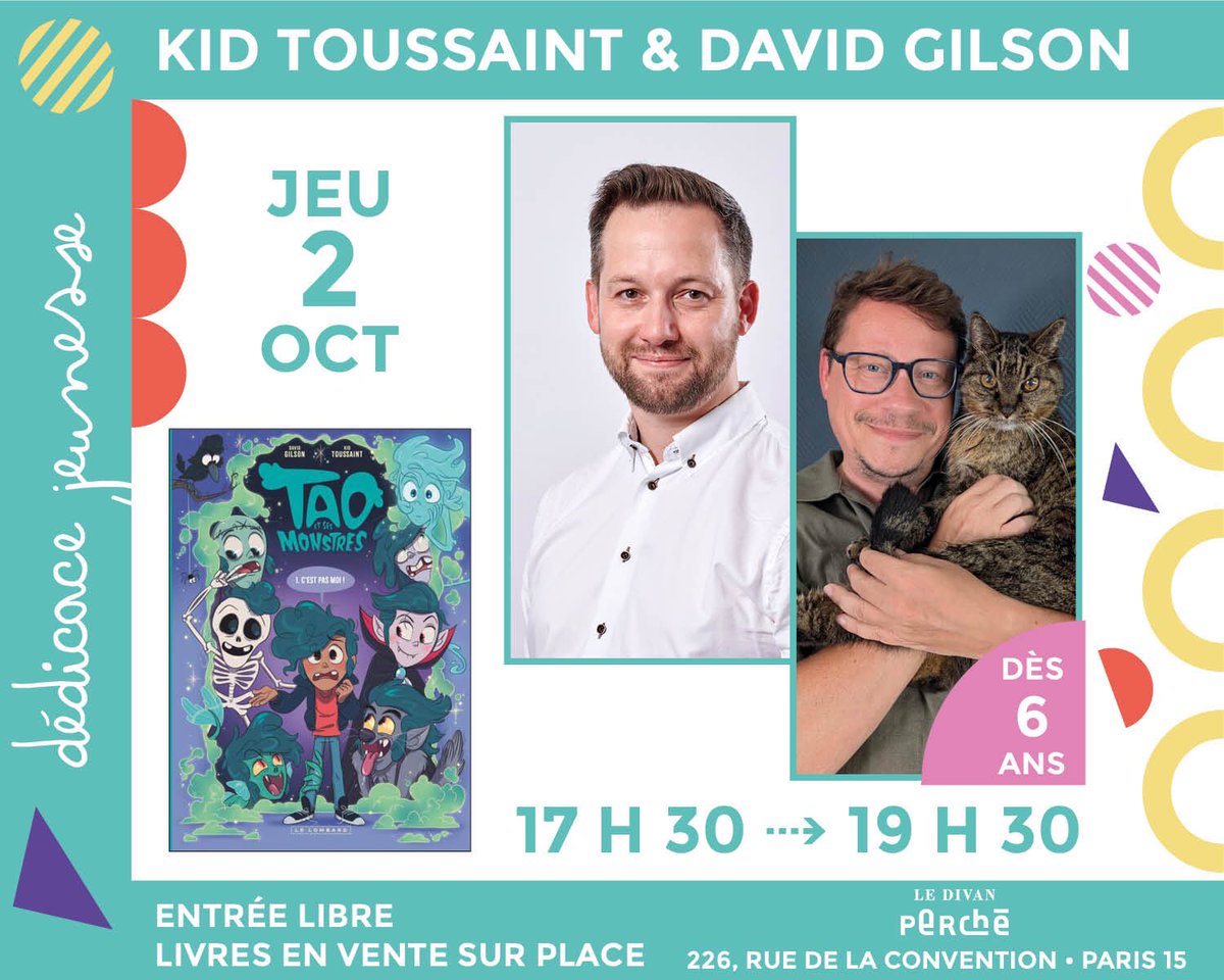À l’occasion de la sortie de notre BD « Tao et ses Monstres », Kid Toussaint et moi-même serons présents ce jeudi 2 octobre de 17h30 à 19h30 à la librairie Le Divan Perché pour une DÉDICACE au 226 rue de la Convention, 75015 Paris. 
#taoetsesmonstres #davidgilson #kidtoussaint