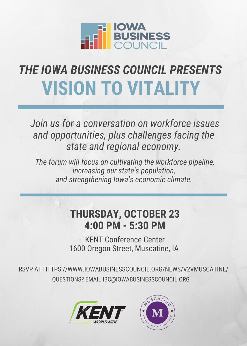 The Vision to Vitality forum on October 23 will discuss cultivating the workforce pipeline and proactive steps leaders can take to grow thriving communities that attract and retain talent. 

Please RSVP for the event using this link: iowabusinesscouncil.org/news/v2vmuscat…