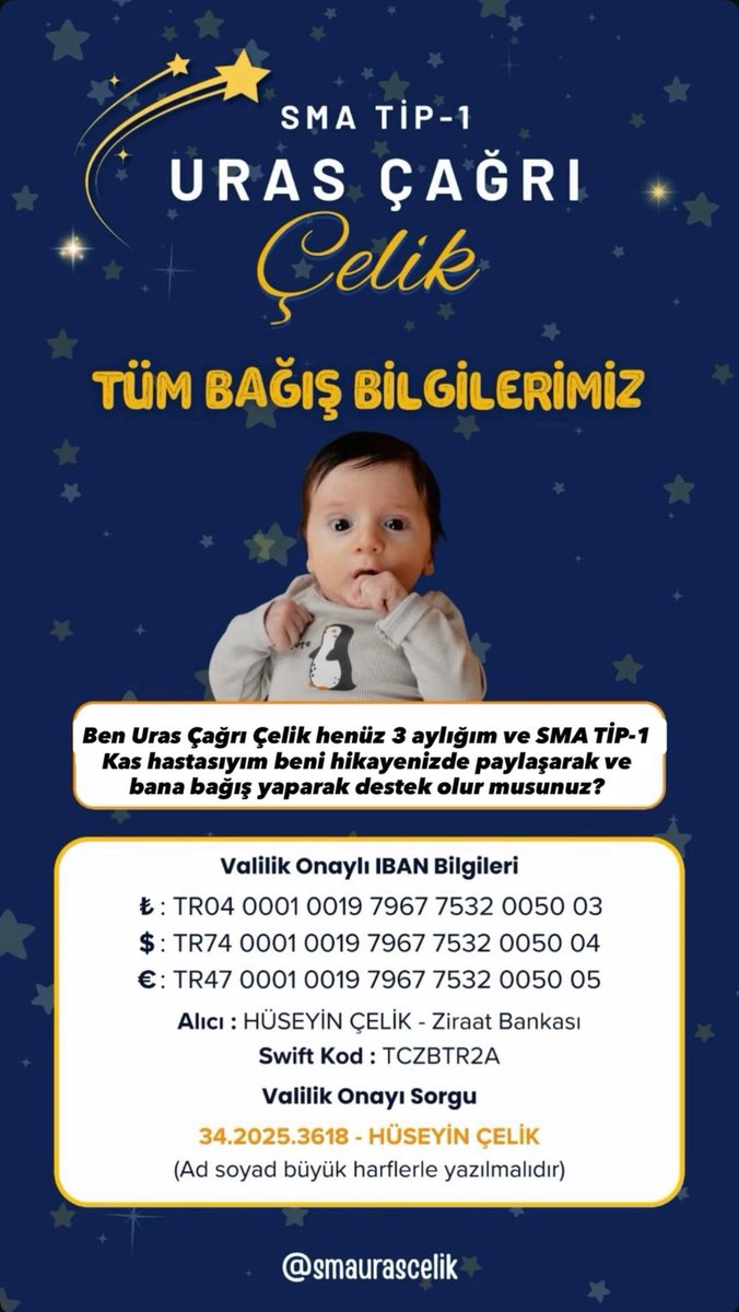 SMA hastası Uras Çağrı'ya destek olalım.
Instagram adresinde tüm bilgileri ve bağış kısmı mevcut. 
X ve Instagram adresi  <a href="/smaurascelik/">smaurascelik</a>