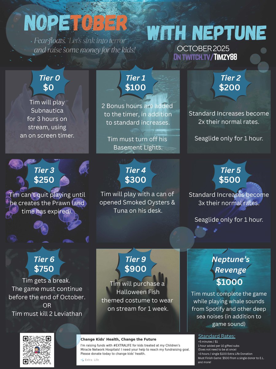 Timzy88TV's tweet image. Starting Oct 1st I&apos;ll be doing a charity stream for Extra Life playing Subnautica. I&apos;m deathly afraid of deep waters and this will be a huge challenge for me to play. Be sure to swing by and help us raise money for an amazing cause!
Twitch.tv/Timzy88
extra-life.org/participant/Ti…