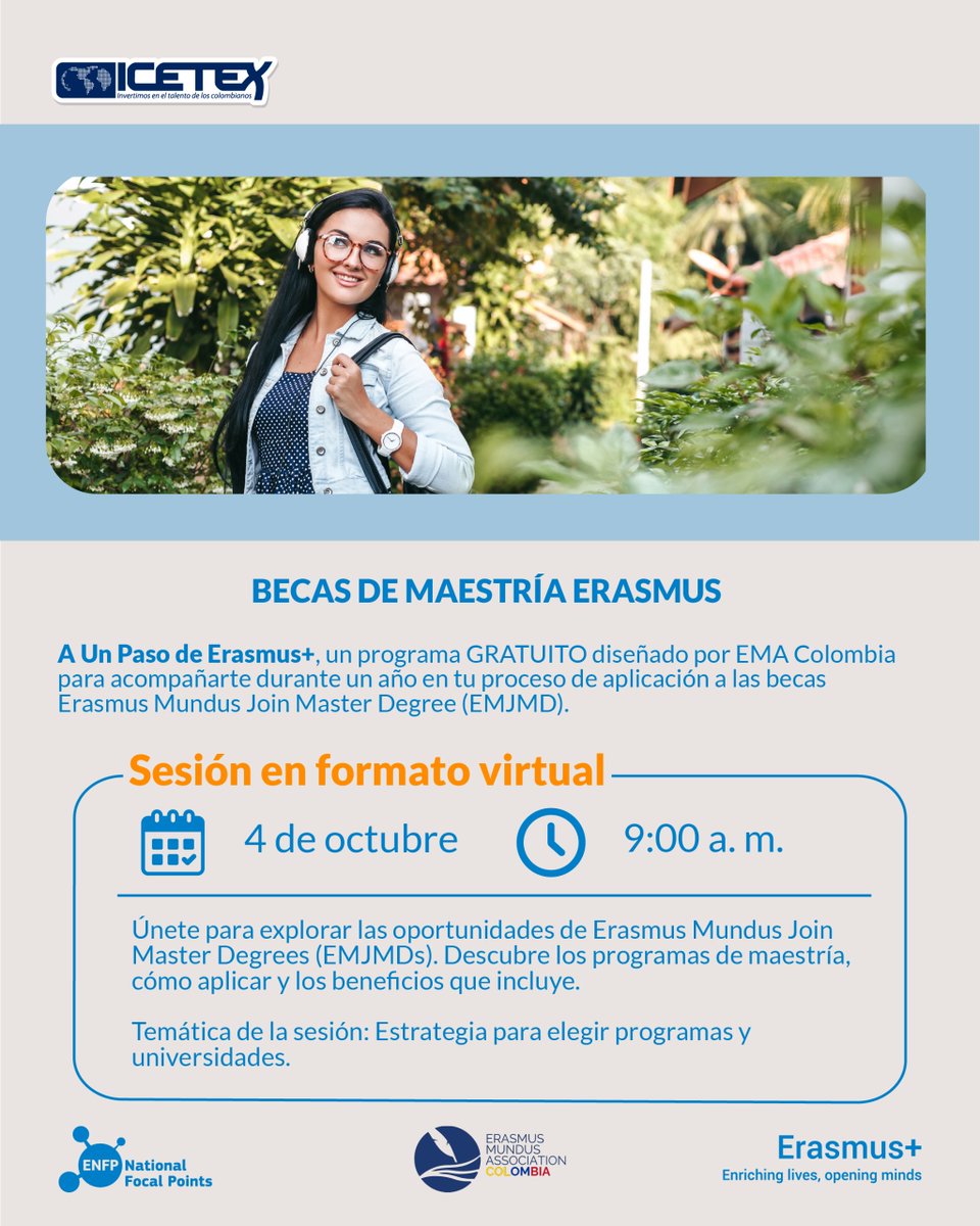 El <a href="/ICETEX/">ICETEX</a> , como Punto Focal de Erasmus+ en Colombia, invita a su comunidad académica al séptimo workshop del programa nacional “A un paso de Erasmus+”.
Fecha: Sábado, 4 de octubre
📷 Hora: 9:00 a.m. Col
📷 Inscripción gratuita: docs.google.com/forms/d/1DTdWy…
