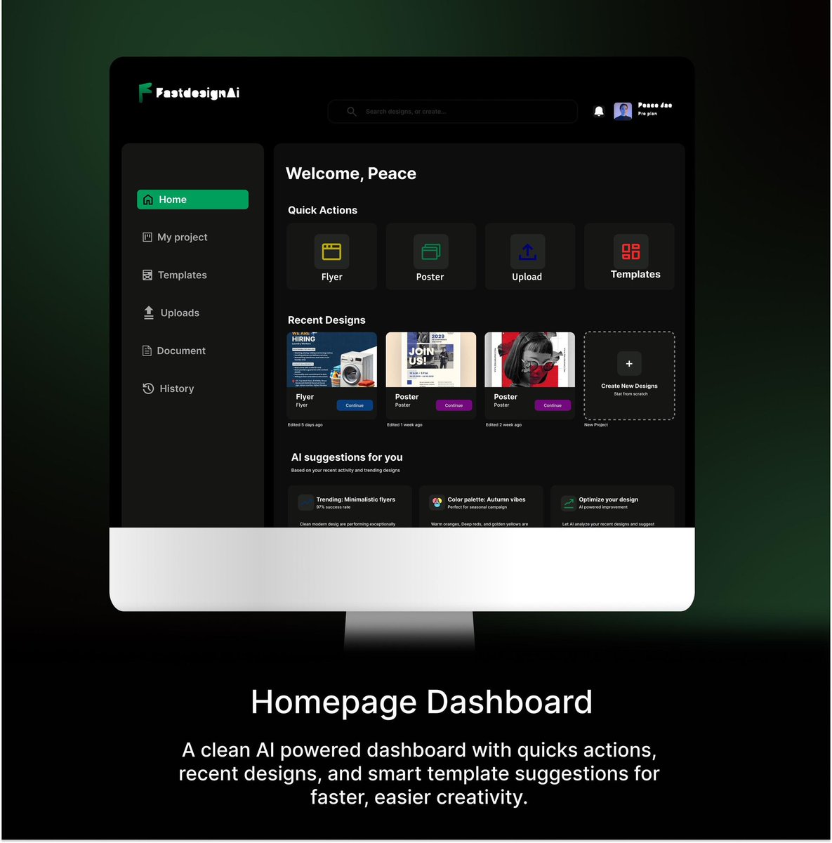 Kacchan5000's tweet photo. My take on the #FastdesignAi design challenge.
I designed a clean, intuitive UI for rapid, AI-powered design. The flow moves from a futuristic hero section to a user-centric dashboard with Quick Actions and smart AI suggestions, making the creative process faster.
#UIUX #Design https://t.co/I5xZkQIaBZ