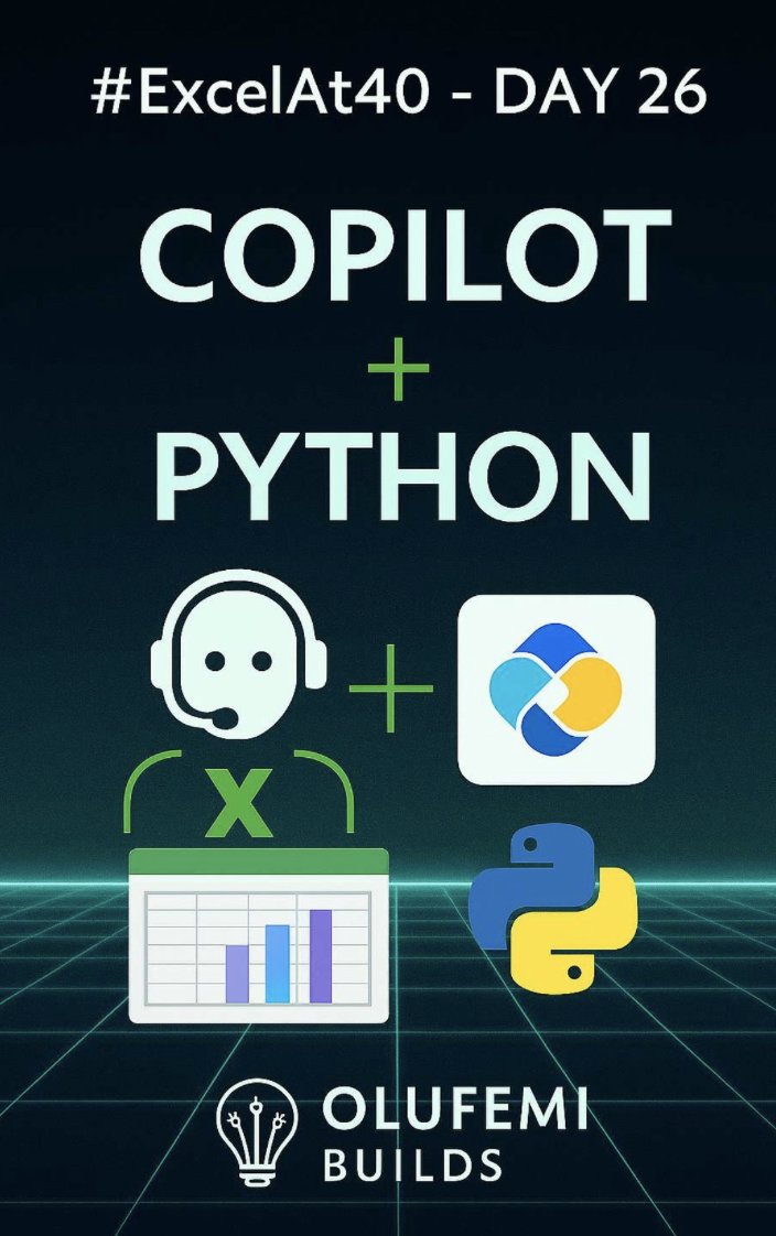 olamfe's tweet image. Day 26: Copilot + Python
🤖 Ask. Analyze. Automate.
Excel just became a thinking partner AND an analytics engine.
#ExcelAt40 #Copilot #PythonInExcel