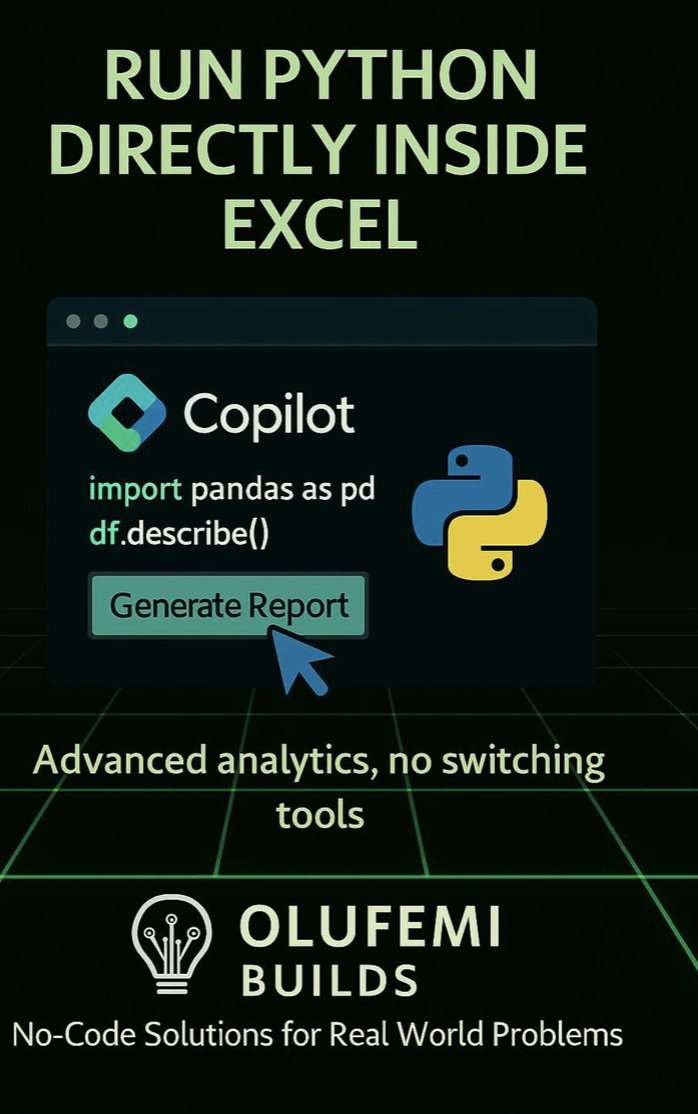 olamfe's tweet image. Day 26: Copilot + Python
🤖 Ask. Analyze. Automate.
Excel just became a thinking partner AND an analytics engine.
#ExcelAt40 #Copilot #PythonInExcel
