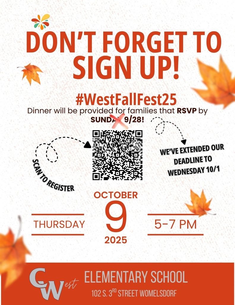 🍂🍎🌳#WestFallFest25 is on 10/9/2025! We've extended our deadline to have dinner 🌭here at West until 10/1/2025! #WeAreWeiser 
Link: forms.gle/3zjATPxEuh66Nm… 🌳🍎🍂