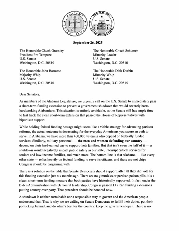 alexangle_'s tweet image. New: Alabama GOP state lawmakers urge Senate leadership to pass the stopgap funding bill to avoid a shutdown that would be 'devastating', according to a letter exclusively obtained by @ALDailyNews.
#ALPolitics