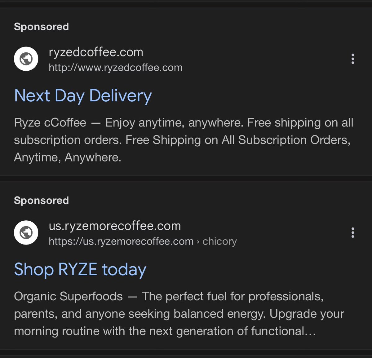 apurohit2012's tweet photo. Hey @Google - How to report a scam that’s showing up as sponsored search result with higher ranking. Attention @ryzesuperfoods https://t.co/lFOiLOUZWY