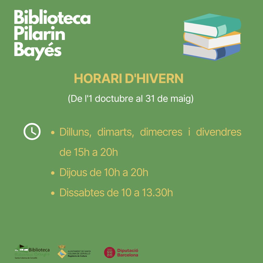 📢A partir de l'1 d'octubre comencem horari de tardor-hivern, amb dissabtes oberts de 10 a 13.30h.
#bpilarinbayes #bibliotecastacolomacervello #horari