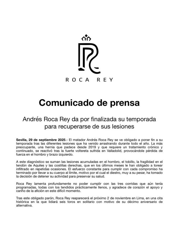 CapoMatilla's tweet photo. 🔴@RocaRey da por finalizada su temporada en España para recuperarse de las lesiones sufridas a lo largo de la temporada, reaparecerá el 2 de noviembre en Acho(Lima) para completar la gesta de encerrarse con 6 toros en su plaza. https://t.co/hRRA1qo4aL