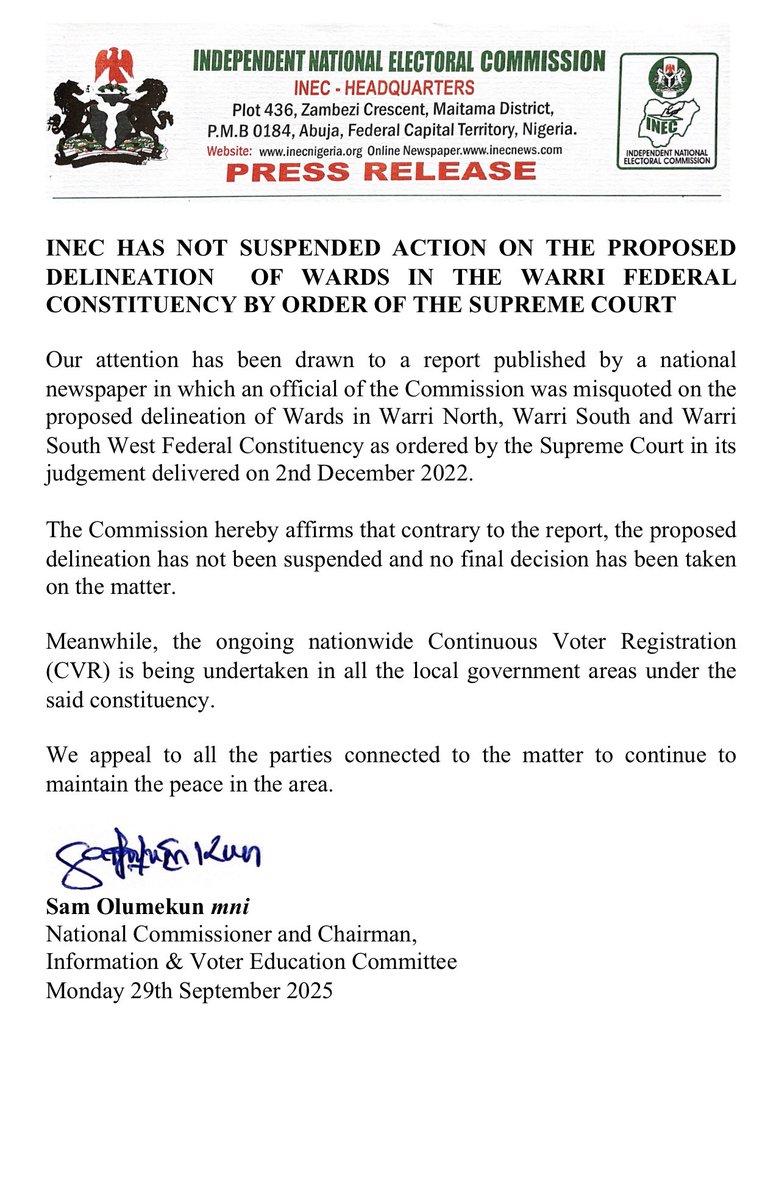 InecNews's tweet photo. PRESS STATEMENT 

INEC HAS NOT SUSPENDED ACTION ON THE PROPOSED DELINEATION  OF WARDS IN THE WARRI FEDERAL CONSTITUENCY BY ORDER OF THE SUPREME COURT https://t.co/lLvMRGceto