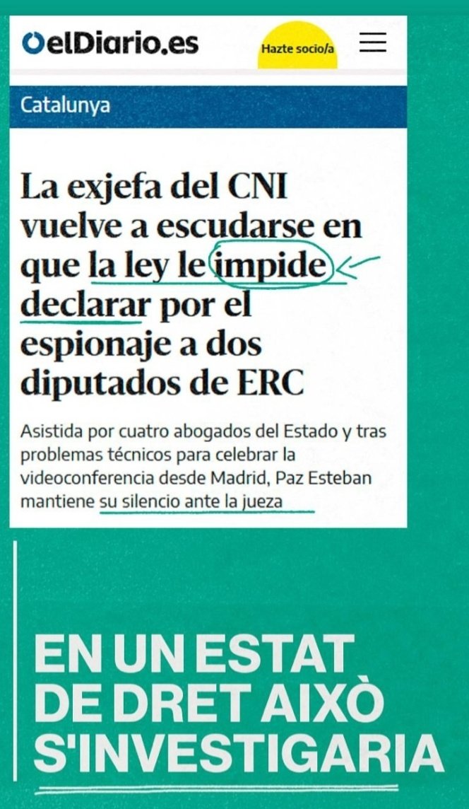 Avui l'exdirectora del CNI, Paz Esteban, ha tornar a escudar-se en la Llei de secrets oficials per no declarar sobre l'espionatge a polítics, periodistes i advocats. Arribar fins al final en el cas Pegasus és una qüestió de garantir la democràcia front a l'autoritarisme.  👇