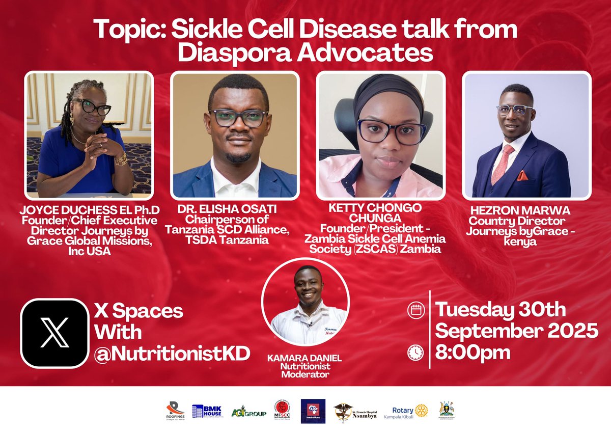 kettychunga's tweet photo. Delighted to join fellow advocates for the Sickle Cell Disease Talk from Diaspora Advocates on Tue 30th Sept 2025 | 8:00pm CAT.

Hosted on X Spaces with @NutritionistKD 🎙️

Let’s raise our voices for 

#SickleCellAwareness 
#DiasporaAdvocates #EveryVoiceCounts #SCD https://t.co/3enoyuuzXA