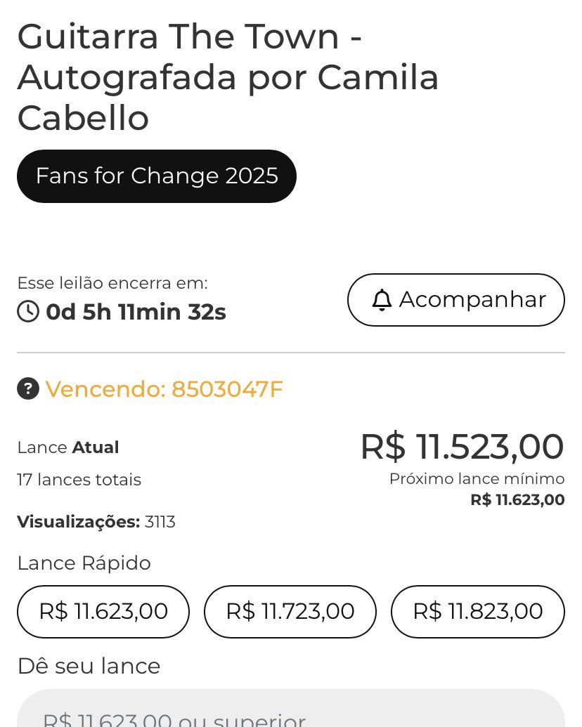 A apenas 5 horas de se encerrar o leilão, a guitarra assinada por Camila Cabello está custando 11.523,00 reais! Quem vai dar o último lance? 🙋 🎸⏳