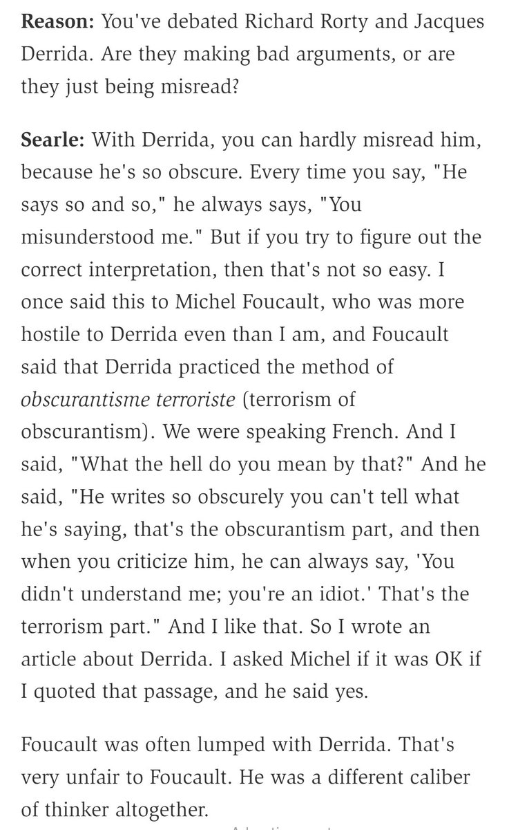 John Searle est mort aujourd'hui. Quoi qu'on pense de ses déboires personnels, c'était un immense philosophe. Paix à son âme. Une anecdote de sa vie qui me fait bcp rire est son dialogue avec Foucault sur la pensée de Derrida, rapporté dans l'itw ci-dessous :