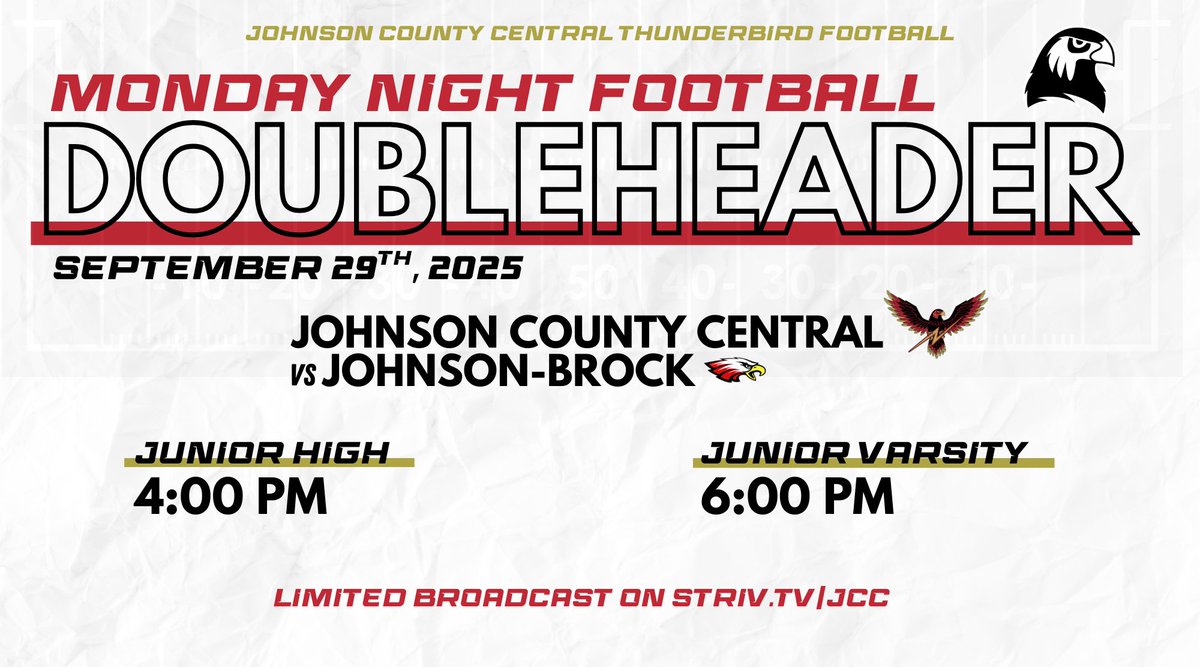 Tonight's junior high &amp; junior varsity football doubleheader will have a limited broadcast livestream on the JCC Striv Channel: striv.tv/jcc

Join us for some Monday football vs Johnson-Brock (9/29/25).
4 PM - Junior High
6 PM - Junior Varsity

#GoJCC
