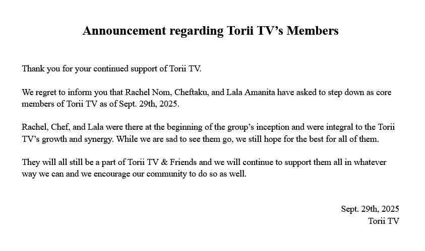 ToriiTVOfficial's tweet photo. [Announcement Regarding Torii TV Members] https://t.co/hepzdJdl8c