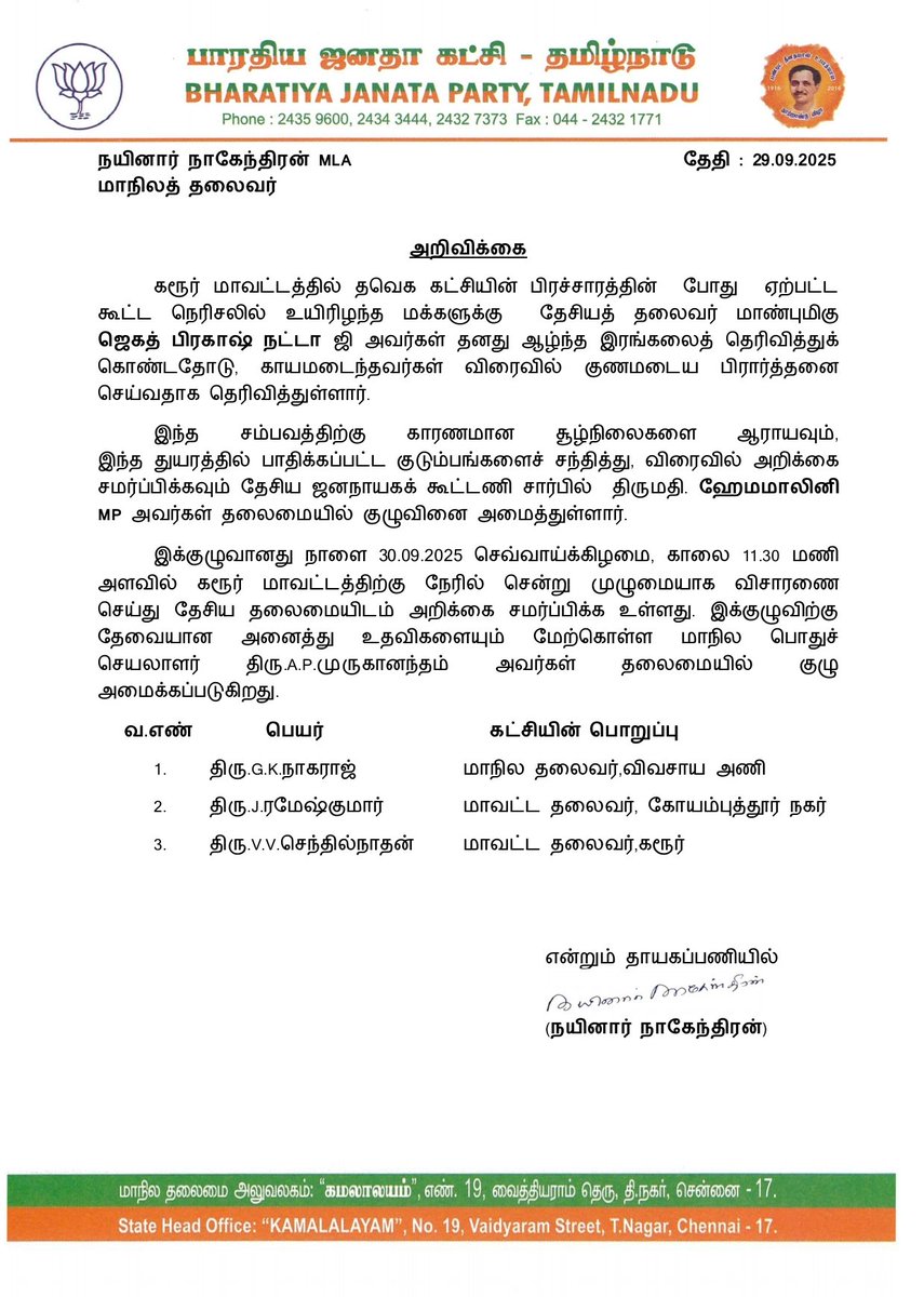 BJP4TamilNadu's tweet photo. அறிவிக்கை

கரூர் மாவட்டத்தில் தவெக கட்சியின் பிரச்சாரத்தின் போது ஏற்பட்ட கூட்ட நெரிசலில் உயிரிழந்த மக்களுக்கு தேசியத் தலைவர் திரு.@JPNadda  அவர்கள் தனது ஆழ்ந்த இரங்கலைத் தெரிவித்துக் கொண்டதோடு, காயமடைந்தவர்கள் விரைவில் குணமடைய பிரார்த்தனை செய்வதாக தெரிவித்துள்ளார்.

இந்த சம்பவத்திற்கு காரணமான சூழ்நிலைகளை ஆராயவும், இந்த துயரத்தில் பாதிக்கப்பட்ட குடும்பங்களைச் சந்தித்து, விரைவில் அறிக்கை சமர்ப்பிக்கவும் தேசிய ஜனநாயகக் கூட்டணி சார்பில் திருமதி.@dreamgirlhema   அவர்கள் தலைமையில் குழுவினை அமைத்துள்ளார்.

இக்குழுவானது நாளை 30.09.2025 செவ��வாய்க்கிழமை, காலை 11.30 மணி அளவில் கரூர் மாவட்டத்திற்கு நேரில் சென்று முழுமையாக விசாரணை செய்து தேசிய தலைமையிடம் அறிக்கை சமர்ப்பிக்க உள்ளது. இக்குழுவிற்கு தேவையான அனைத்து உதவிகளையும் மேற்கொள்ள மாநில பொதுச் செயலாளர் திரு.@apmbjp அவர்கள் தலைமையில் குழு அமைக்கப்படுகிறது.

- மாநில தலைவர் திரு.@NainarBJP அவர்கள்