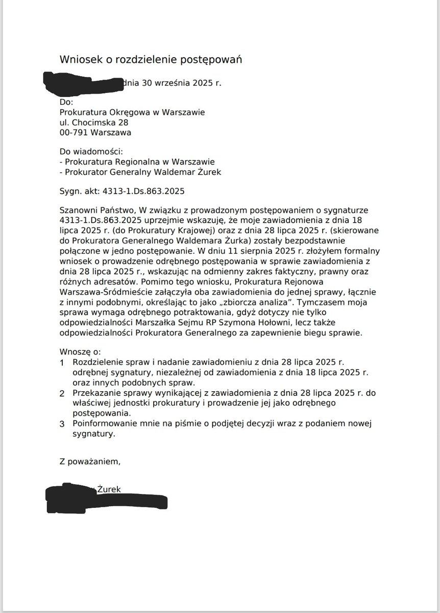 Dzisiaj otrzymałem dwa pisma z prokuratury w sprawie moich zawiadomień dotyczących odpowiedzialności Marszałka Sejmu Szymona Hołowni.
Oba moje zgłoszenia – do Prokuratury Krajowej i do Prokuratora Generalnego Waldemara Żurka – zostały wrzucone do jednej sygnatury i nazwane