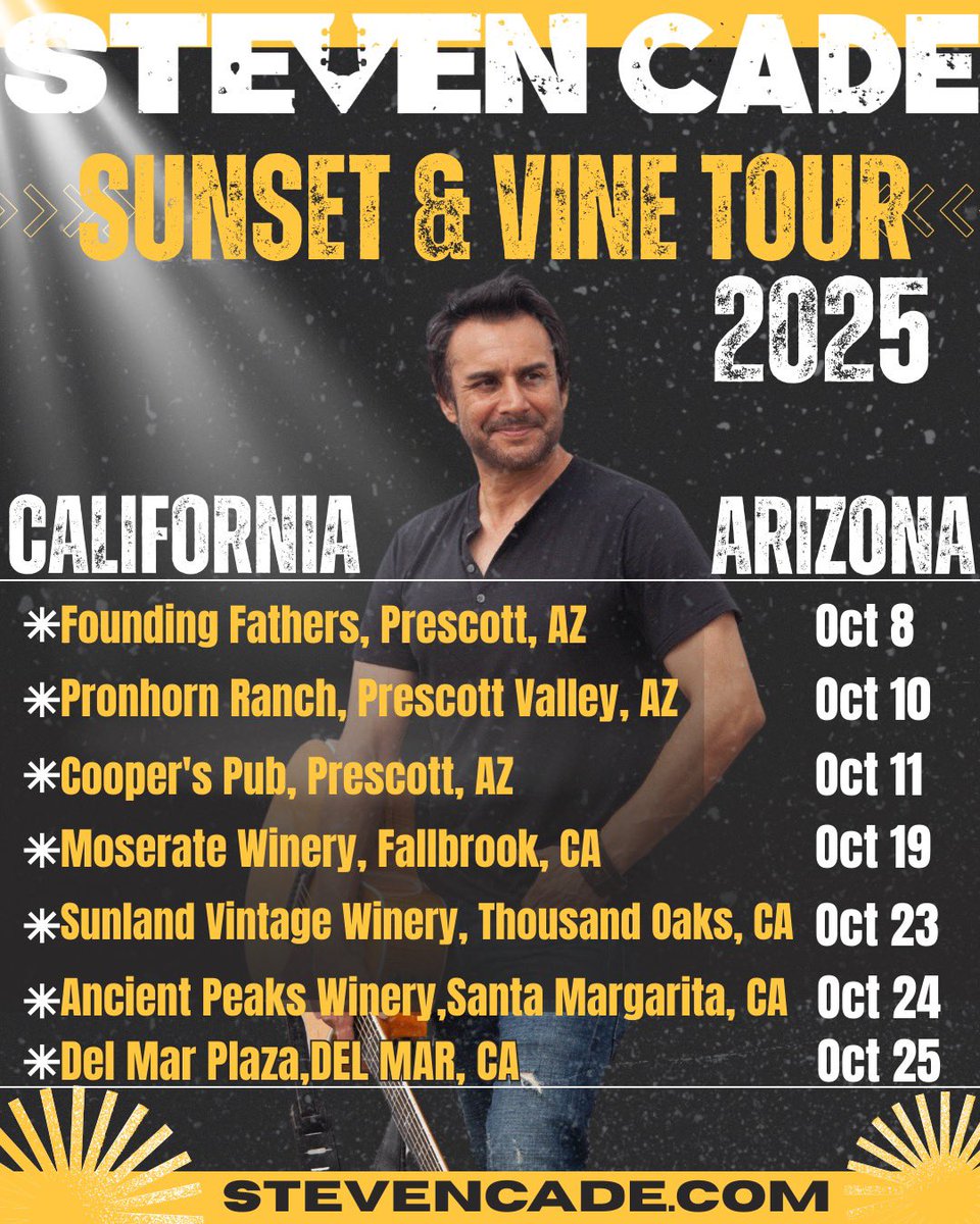 I’m so excited to share some upcoming October shows with you all! 🎶✨ Catch me live in Arizona and California—can’t wait to see you there!

📍 Founding Fathers Collective – Prescott, AZ
📍 Cooper's Pub-  Prescott, AZ
📍 Monserate Winery – Fallbrook, CA
📍 Sunland Vintage Winery