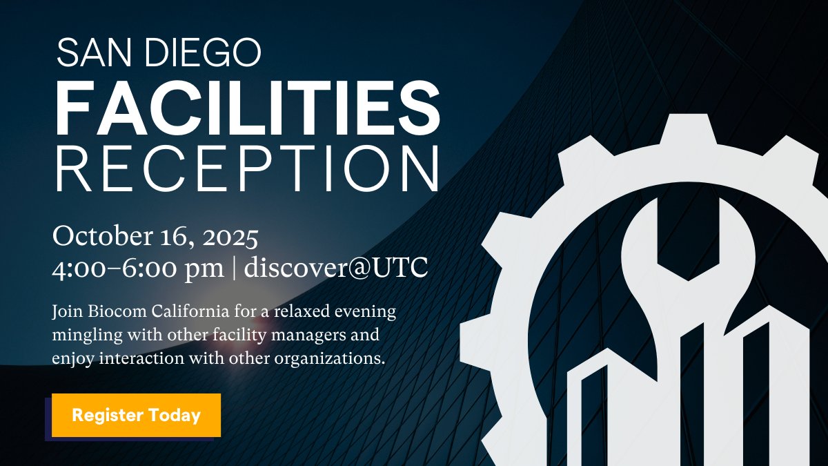 Join us in San Diego for a relaxed evening mingling with other facility managers at our annual Biocom California Facilities Reception. Free for members, this event is geared towards facility managers and service providers but open to all. Register today: bit.ly/4pFWniR