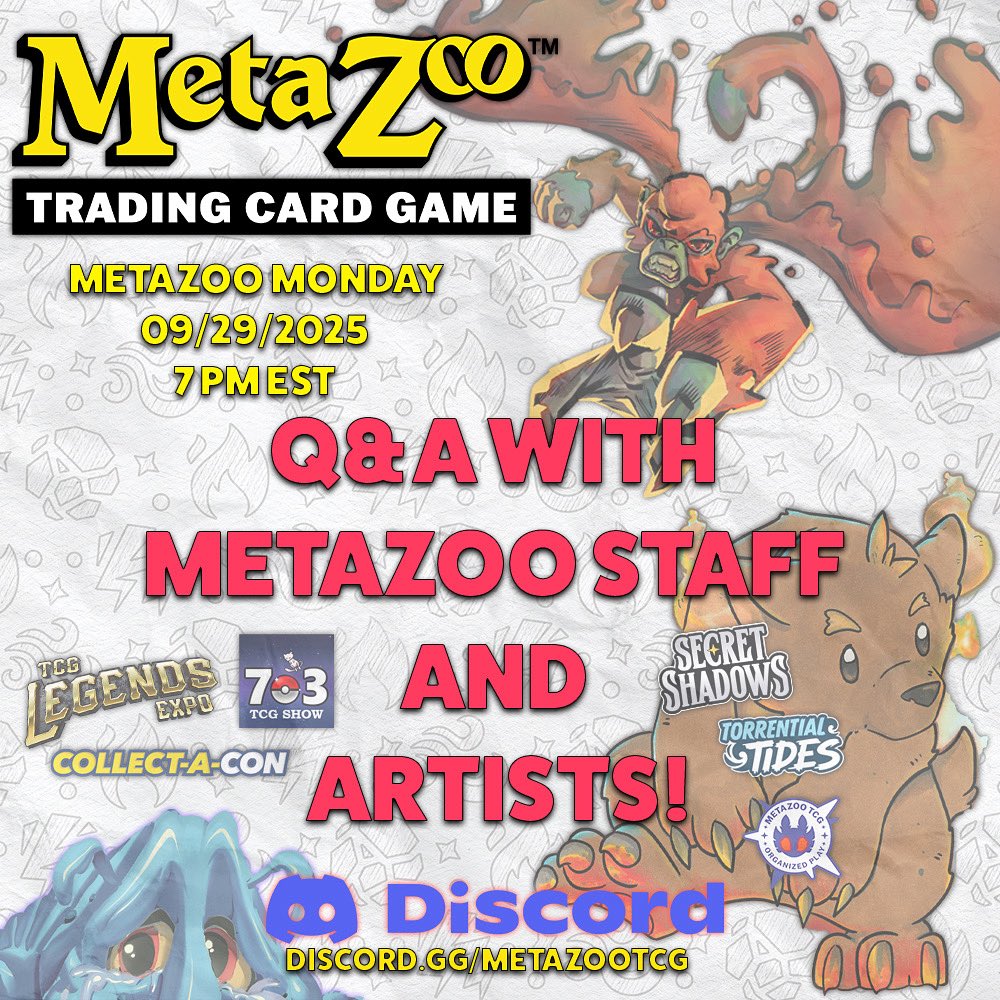 It’s MetaZoo Monday!

We’re doing live Q&amp;A with some of our staff and artists in the MetaZoo TCG discord. 

Come hang out 🫡

discord.gg/metazootcg