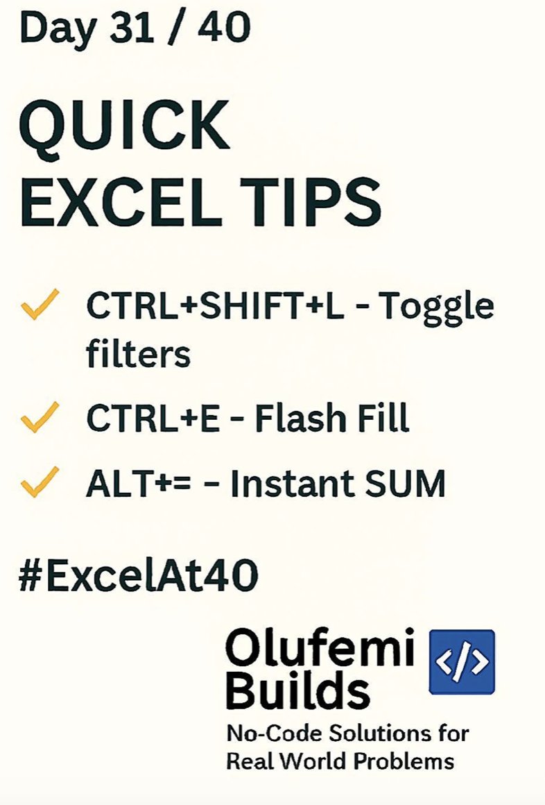 olamfe's tweet image. Day 31: Quick Excel Tips 

💡 CTRL + SHIFT + L = Filters 

CTRL + E = Flash Fill 

ALT + =  SUM Know your keys. Save hours. 

#ExcelAt40 #ExcelHacks #OlufemiBuilds