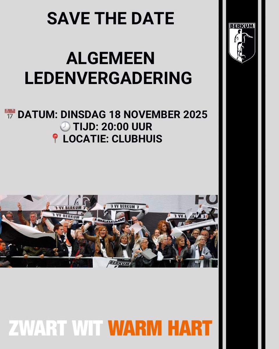 🖤🤍VV Berkum🖤🤍 (@vvberkum) on Twitter photo 📢 Save the Date!
Algemene Ledenvergadering VV Berkum
📅 Dinsdag 18 november 2025
🕗 20:00 | 📍 Clubhuis
Jouw stem telt! Officiële uitnodiging & agenda volgen later.
#VVBerkum #ALV #ZwartWitWarmHart 📢 Save the Date!
Algemene Ledenvergadering VV Berkum
📅 Dinsdag 18 november 2025
🕗 20:00 | 📍 Clubhuis
Jouw stem telt! Officiële uitnodiging & agenda volgen later.
#VVBerkum #ALV #ZwartWitWarmHart