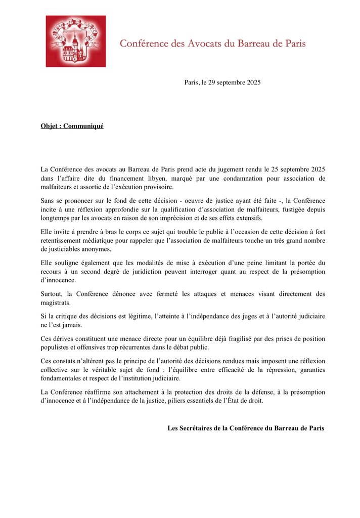 [Communiqué de la Conférence des avocats du Barreau de Paris suite au jugement du 25 septembre]