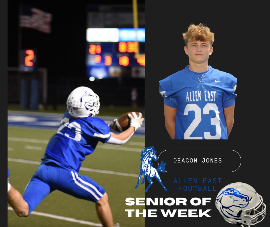 AllenEastAD's tweet photo. AE FB Parents Sr. of the Week: Deacon Jones
Billings had this to say about Jones: Deacon is a wide receiver &amp; defensive back for us &amp; is a two year starter &amp; returning all conference player. He is a great example and leader for our team. https://t.co/VZdmewTuPU
