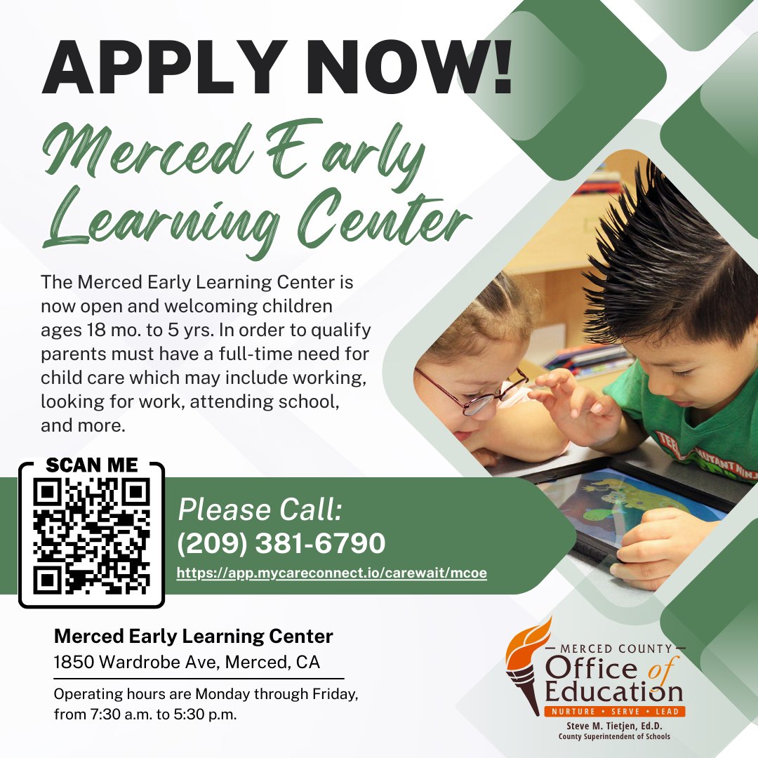 The Merced Early Learning Center is now open and ready to serve children ages 18 months to 5 years. Find out if you or someone you know qualifies!

Call (209) 381-6790 for more information or fill out the application here 👉
app.mycareconnect.io/carewait/mcoe