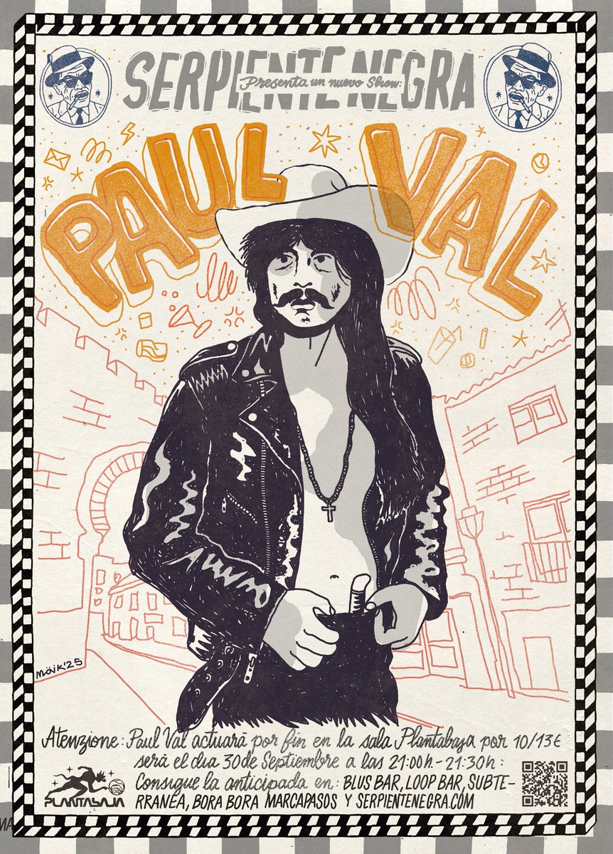 Cartel de Maïk para la llegada del texano Paul Val este martes a Granada. 

Entradas en puntos habituales y entradas.conciertos.club/events/serpien…