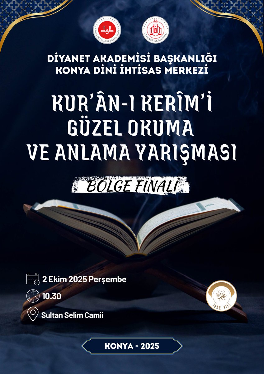 Diyanet Akademisi Başkanlığımız tarafından düzenlenen “Kur’an-ı Kerim’i Güzel Okuma ve Anlama Yarışması 4. Bölge Finali” Dini İhtisas Merkezimizin ev sahipliğinde, Sultan Selim Camii’nde gerçekleştirilecek.

Tüm vatandaşlarımızı bu anlamlı programa davet ediyoruz.

Tarih: