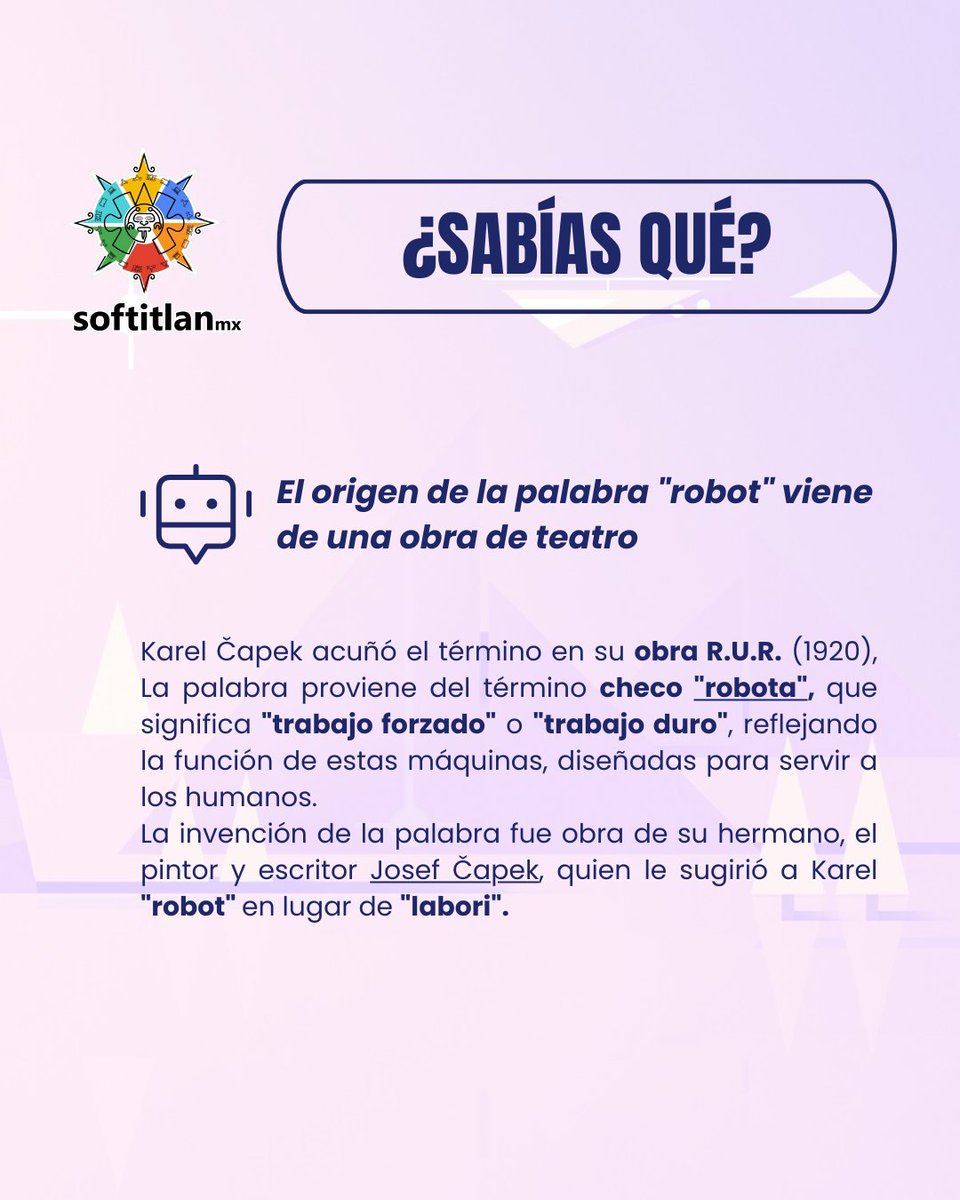 SoftitlanMexico's tweet photo. ¿Sabías que la palabra robot viene del término checo robota, que significa 'trabajo forzado' o 'servidumbre'? 📚 #SabiasQue  #Robot #TechHistory #Programacion #Innovacion #Softitlan https://t.co/X5szroKac7