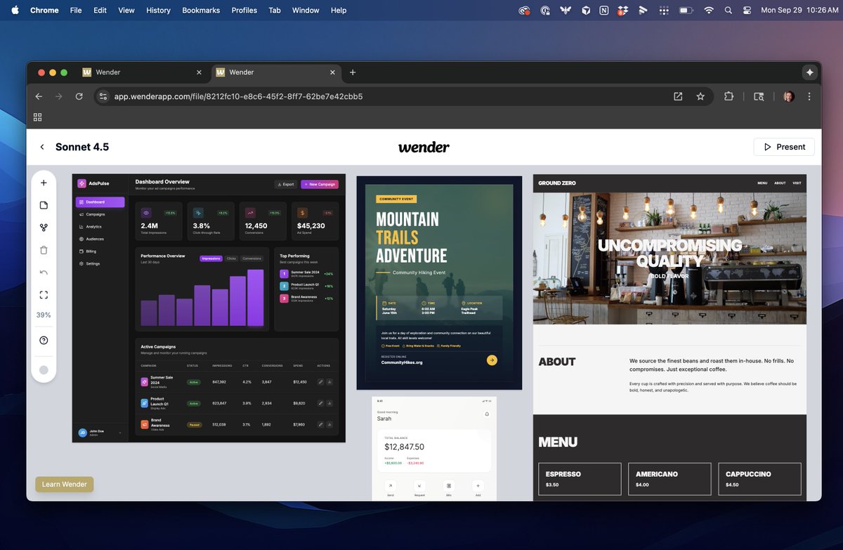 You can try Sonnet 4.5 free in <a href="/WenderAI/">Wender</a>. It creates really beautiful, thorough designs with lots of content. Some models struggle with dashboards because they're so big but 4.5 crushes it. The model picker is in the Settings tab with any artboard selected.